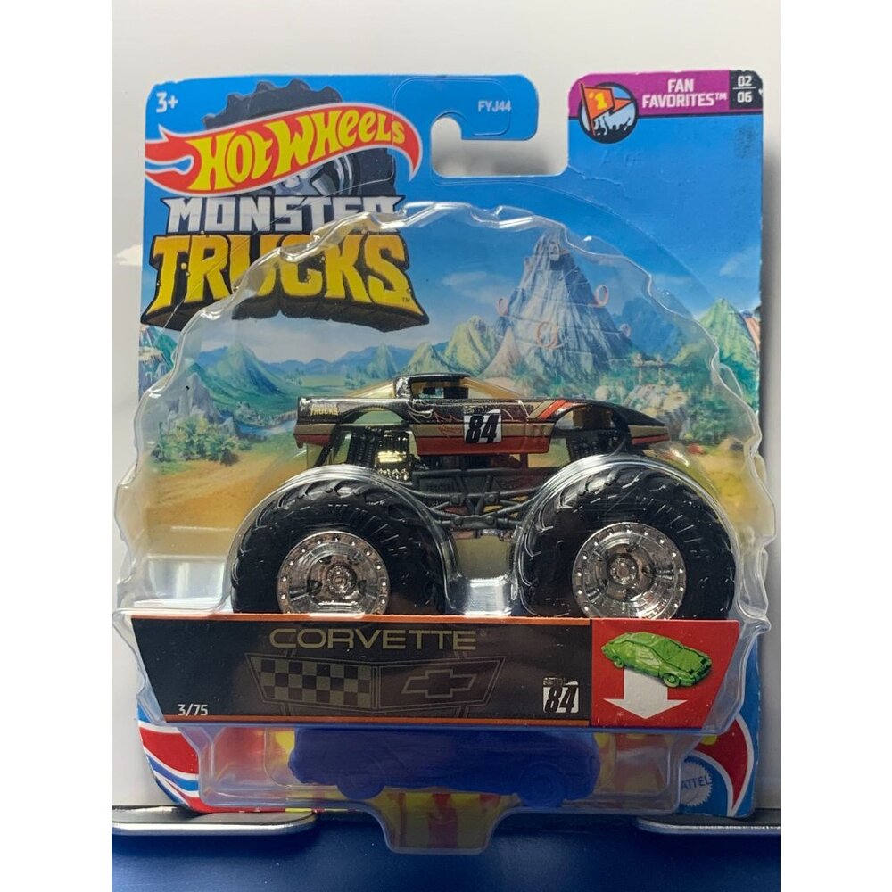 Hot Wheels Monster Trucks Corvette Die-Cast Toy 3/75 Fan FYJ44 Scale 1:64 Age 3+